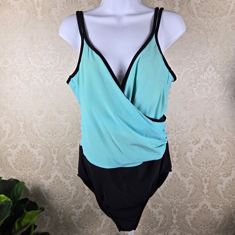 Trimshaper Size 18 Seafoam Green/Aqua and Black One Piece Swimsuit Wrap Look